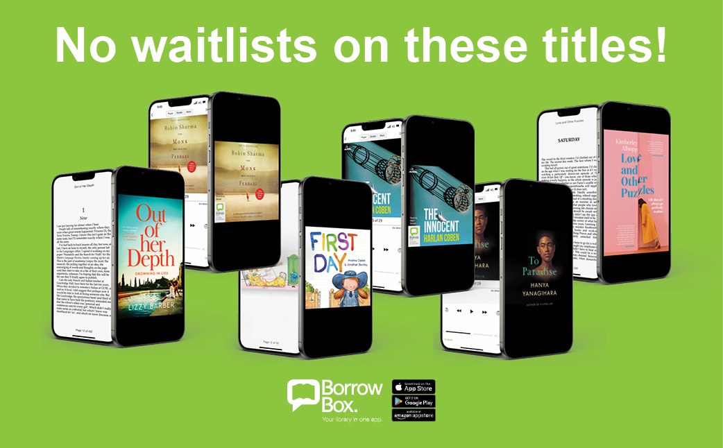No waitlists on these titles. Out of her depth by Lizzy Barber (eBook), The Monk who sold his Ferrari by Robin Sharma (eAudiobook), First Day by Andrew Daddo (eBook), The Innocent by Harlan Coben (eAudiobook), To Paradise by Hanya Yanagihara (eAudiobook) and Love and other puzzles by Kimberley Allsopp