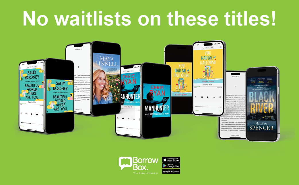 No waitlists on these titles. Paperbark Hill by Maya Linnell (eBook), Manhunter by Chris Ryan (eAudio), Beautiful world, where are you by Sally Rooney (eAudio), Black River by Matthew Spencer (eBook) and You had me at halloumi by Ginger Jones (eAudio)
