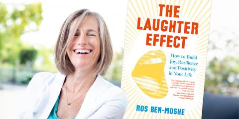 Ros Ben-Moshe laughing. The Laughter effect book cover sits just above her shouler.