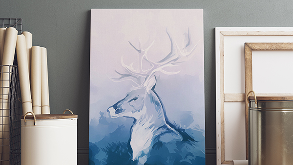 canvas painting of deer against wall